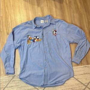 Disney Vintage Blue Casual Button Down Shirt with Embroidered Characters